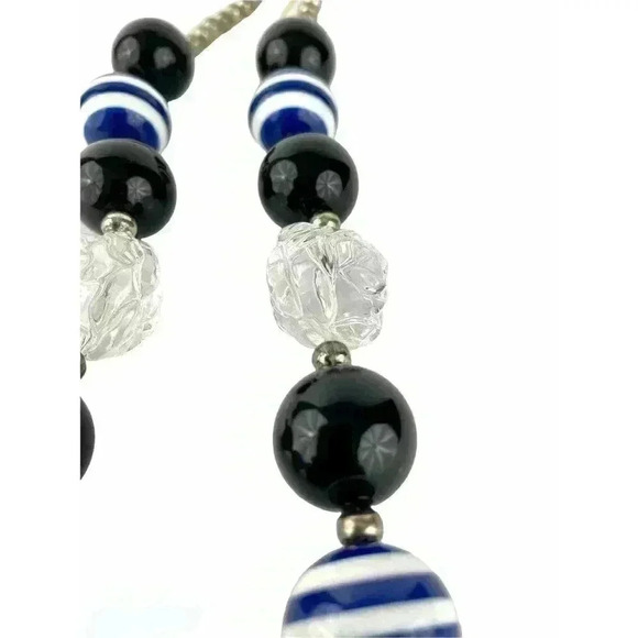 Round Chunky Big Lucite Bead Necklace Blue Black Clear Floral Design Silver Tone - Picture 5 of 8